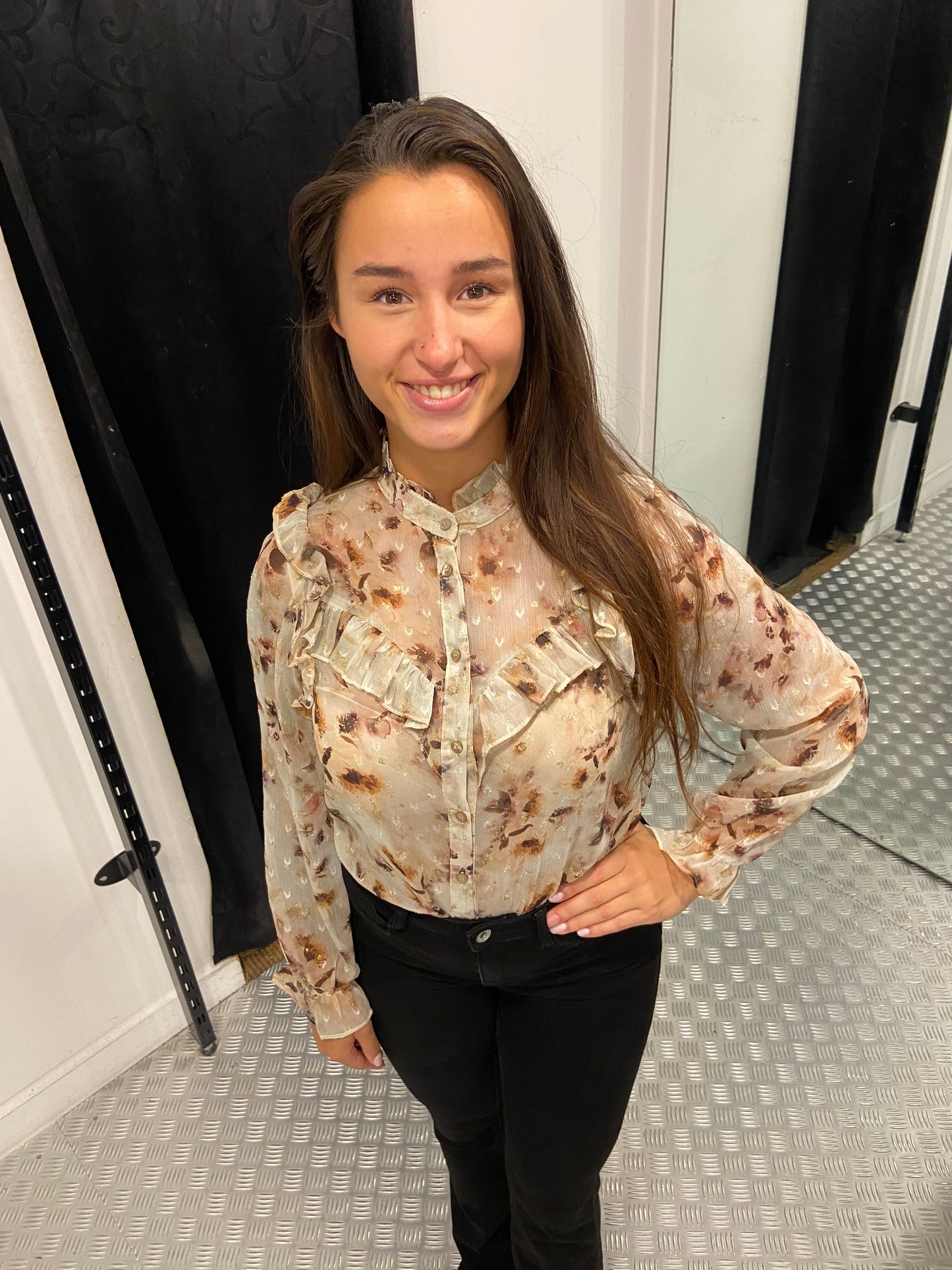 Beige blossom ruffle blouse