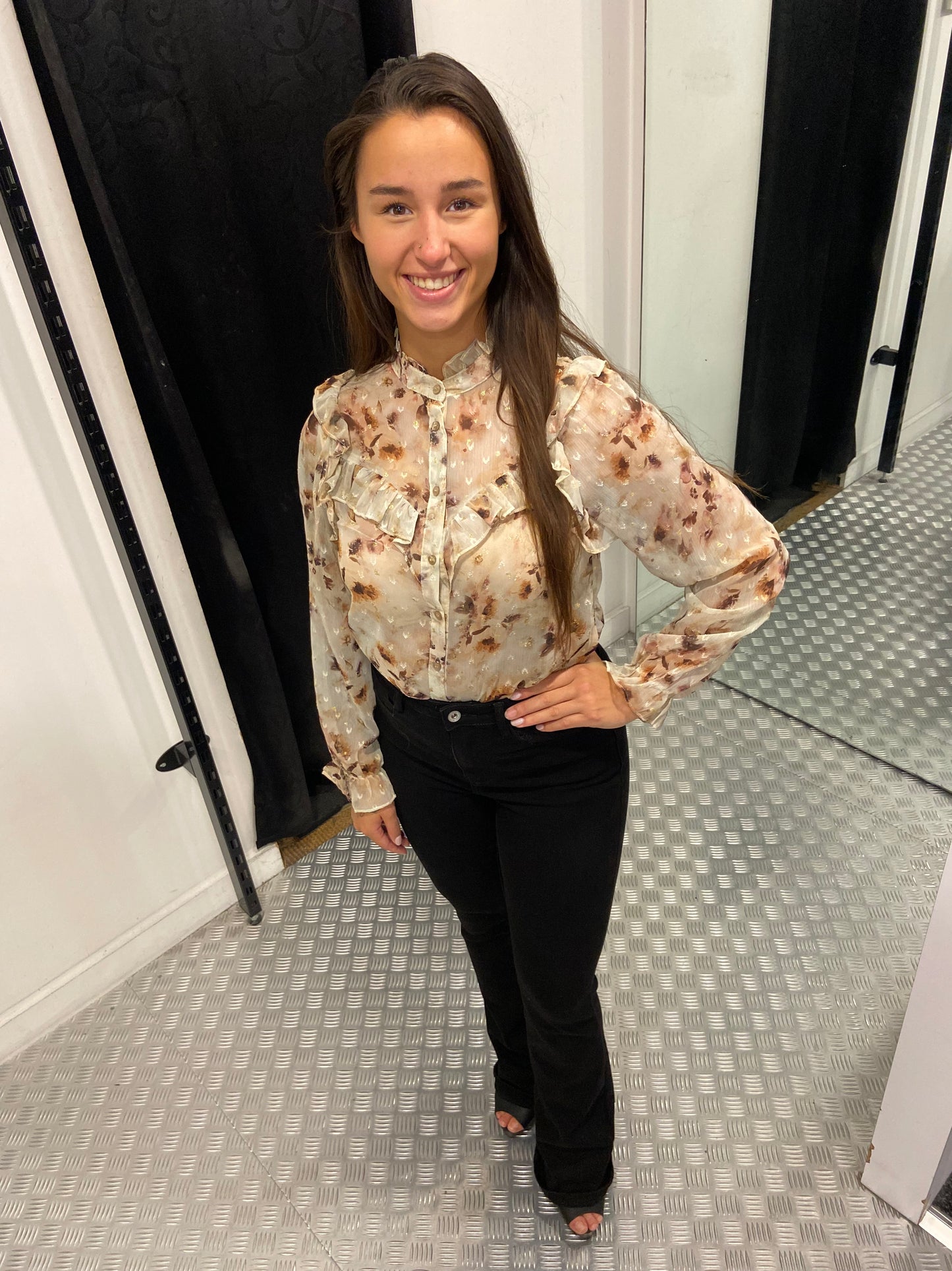 Beige blossom ruffle blouse