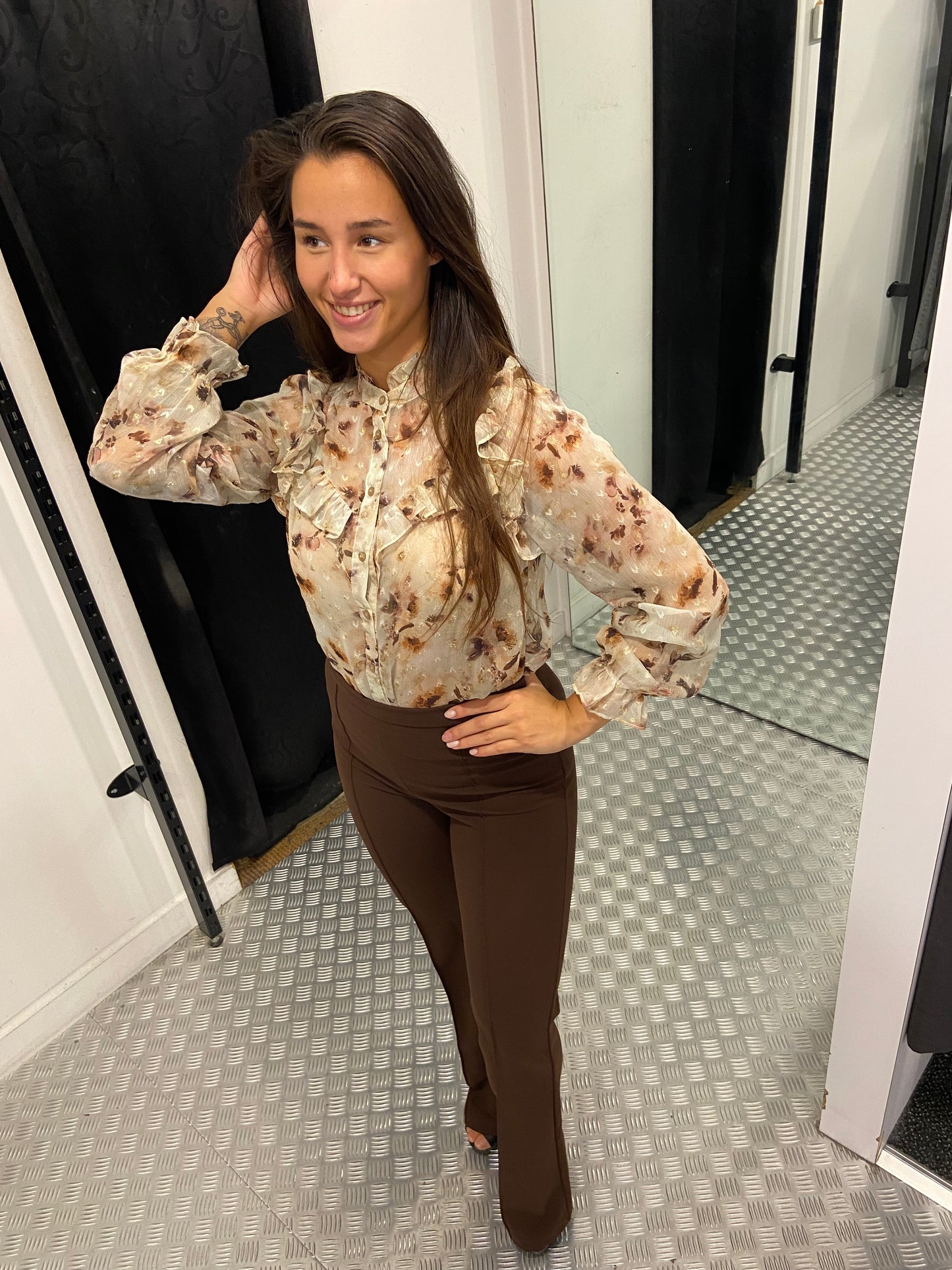 Beige blossom ruffle blouse