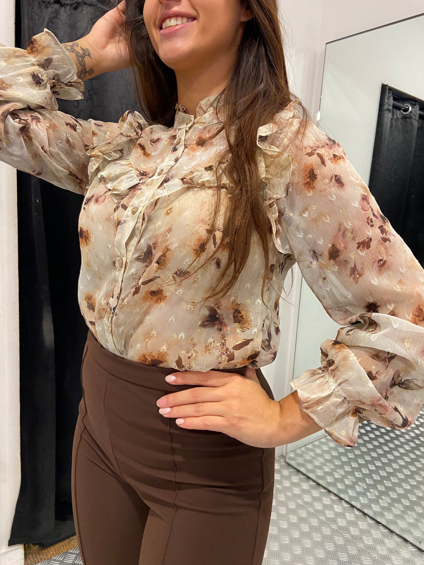 Beige blossom ruffle blouse