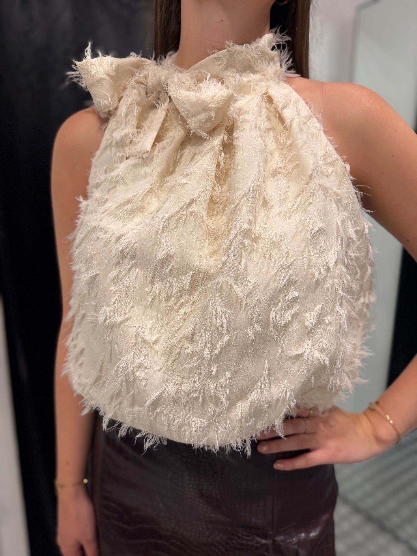 Beige fluffy bow tie top