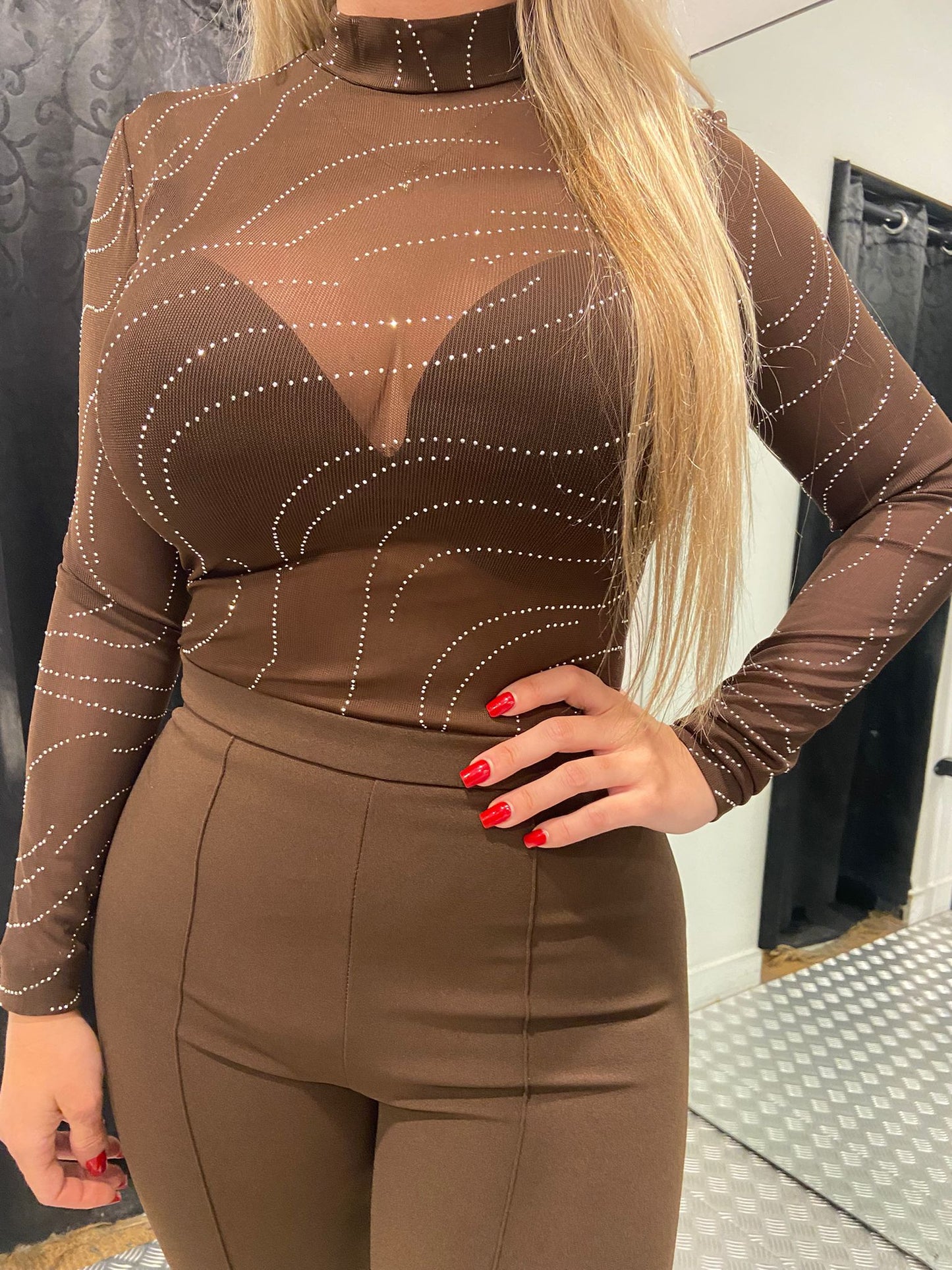 Brown strass mesh body