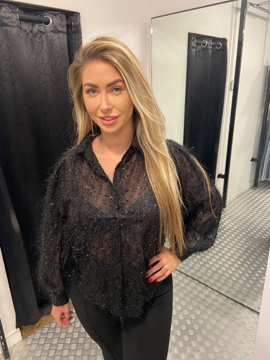 Black fluffy sequin blouse