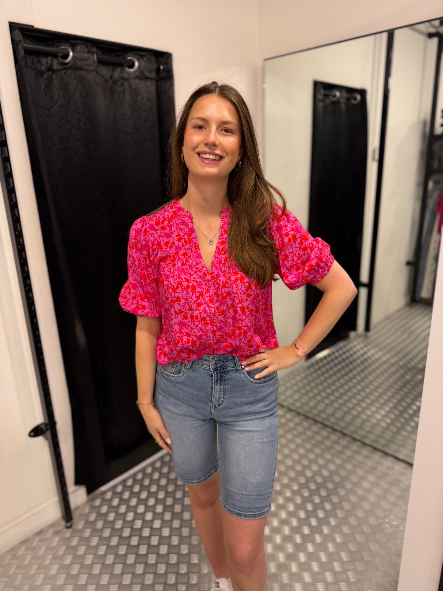 Summer pink flower blouse