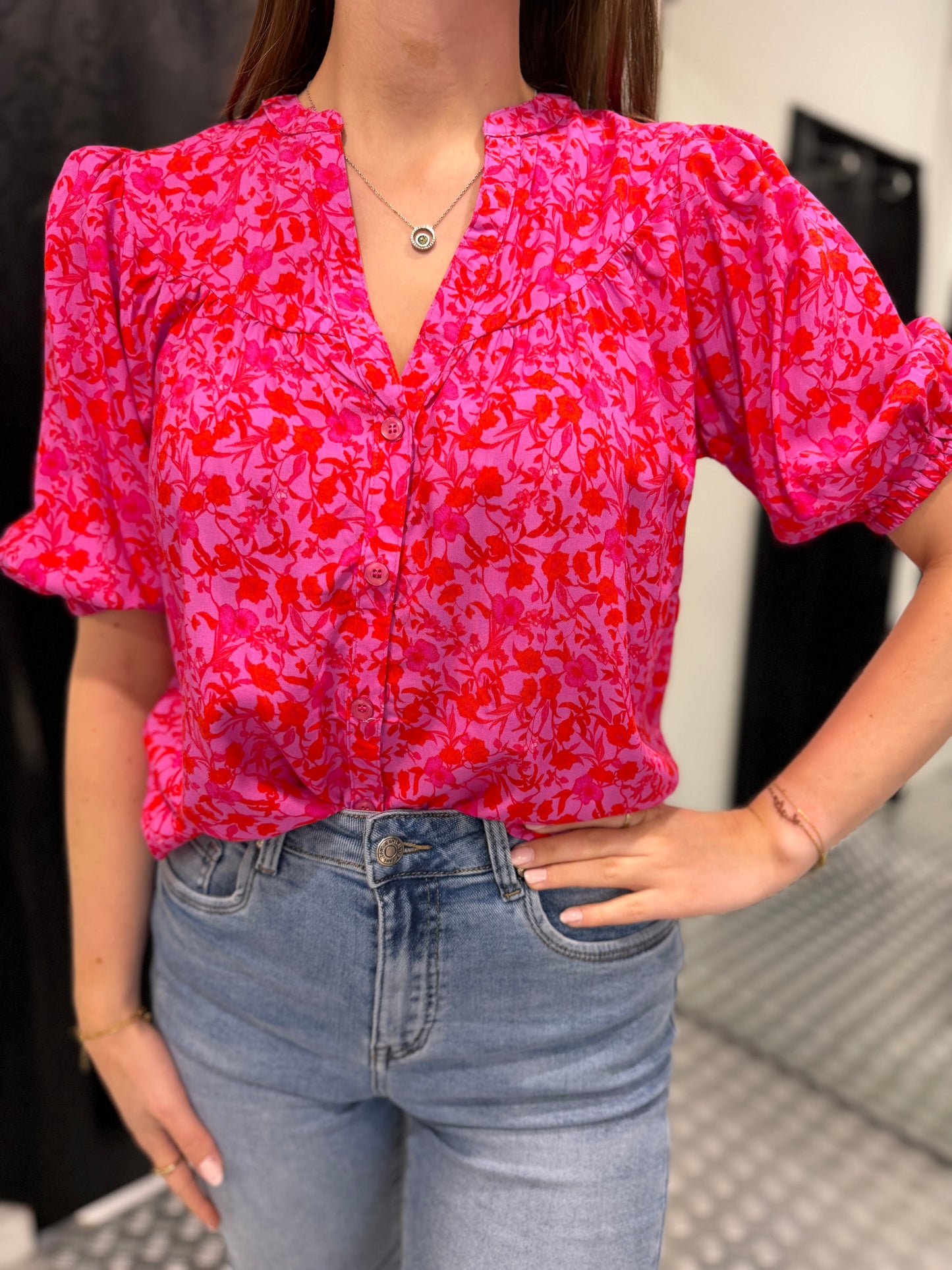 Summer pink flower blouse