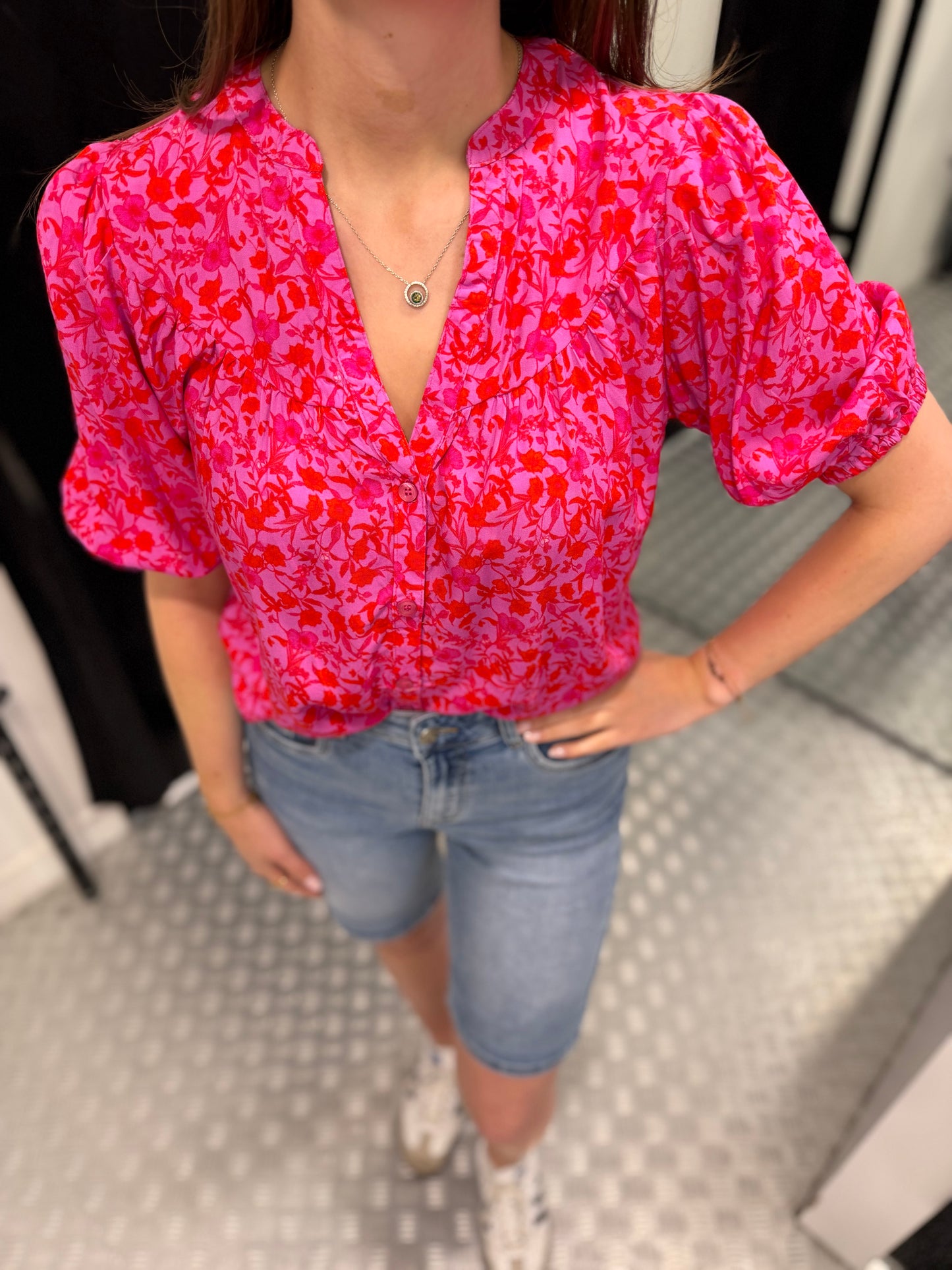 Summer pink flower blouse