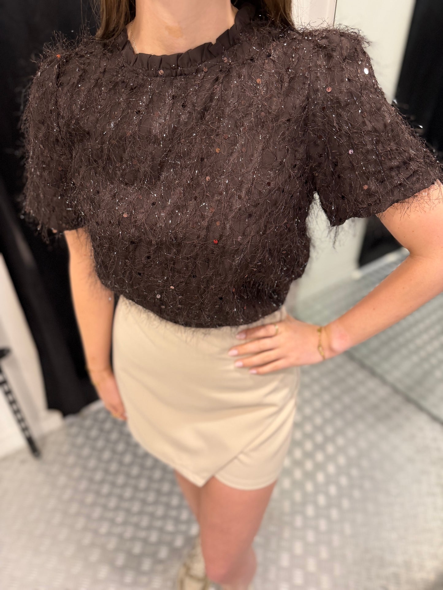 Brown fluffy paillet top