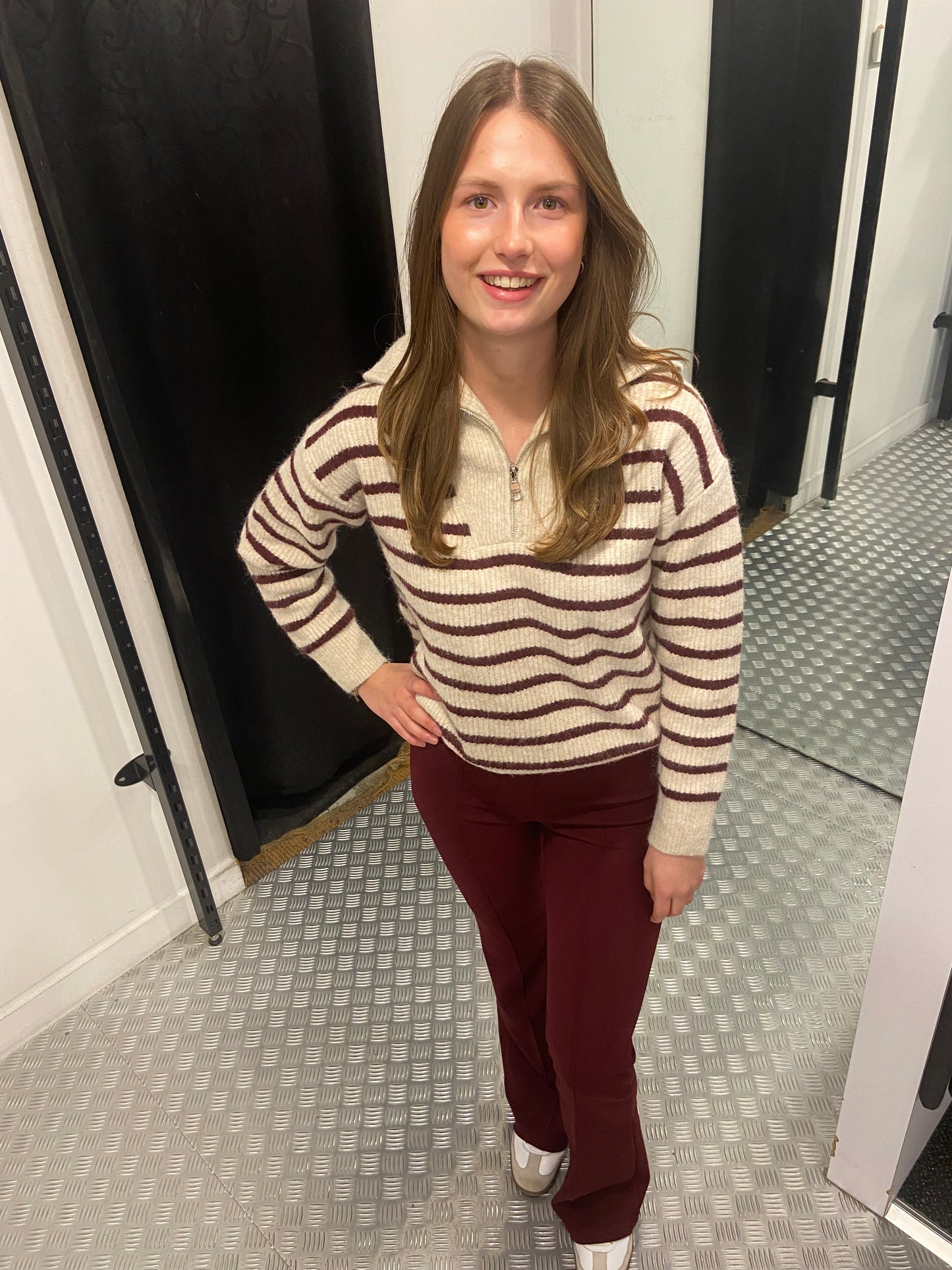 Creme striped bordeaux schipperstrui