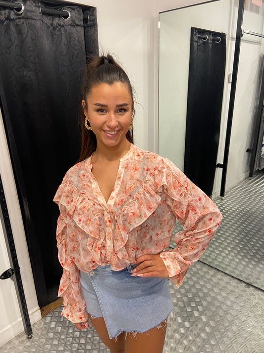 Zalm ruffle flower blouse