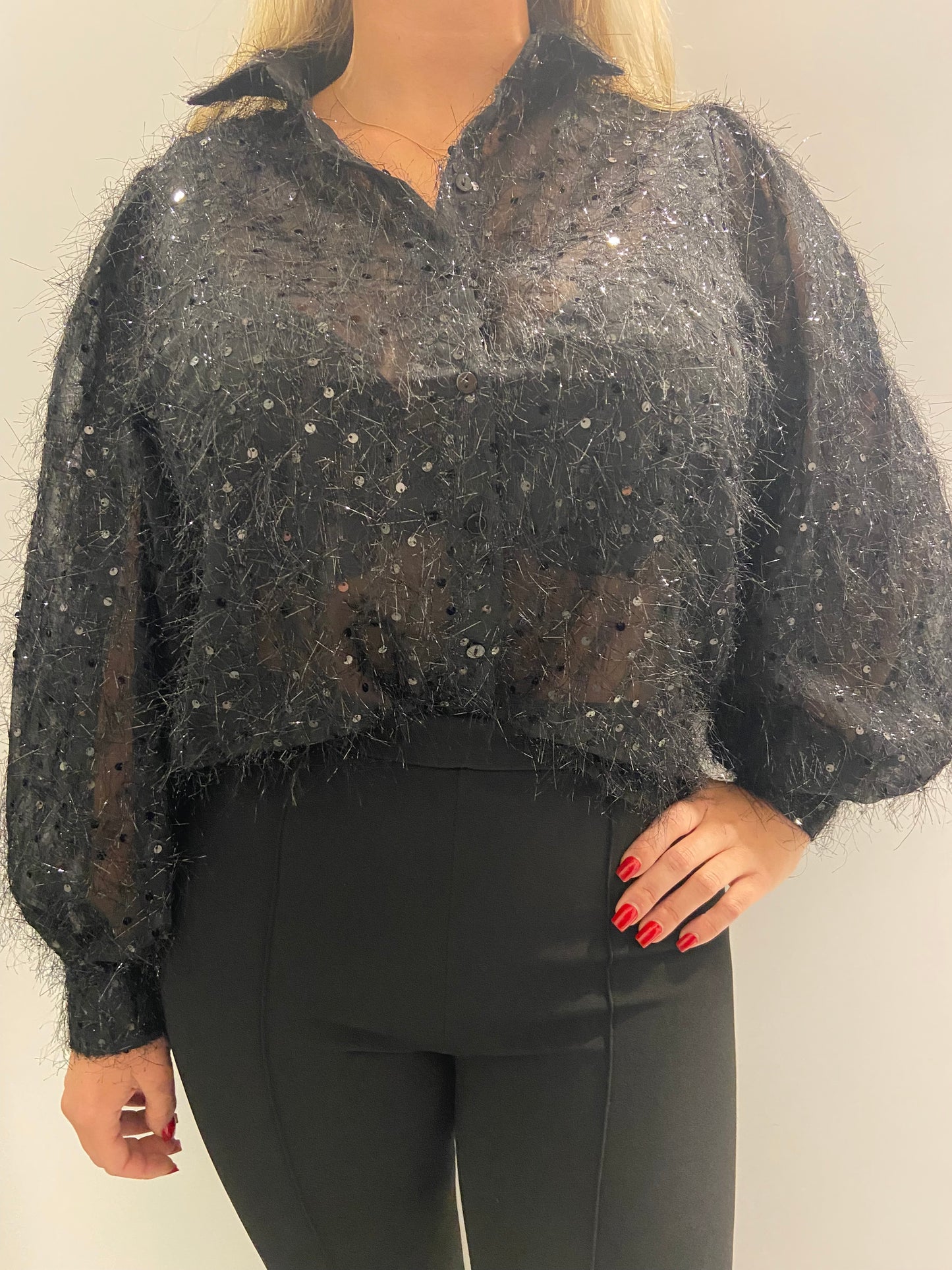 Black fluffy sequin blouse