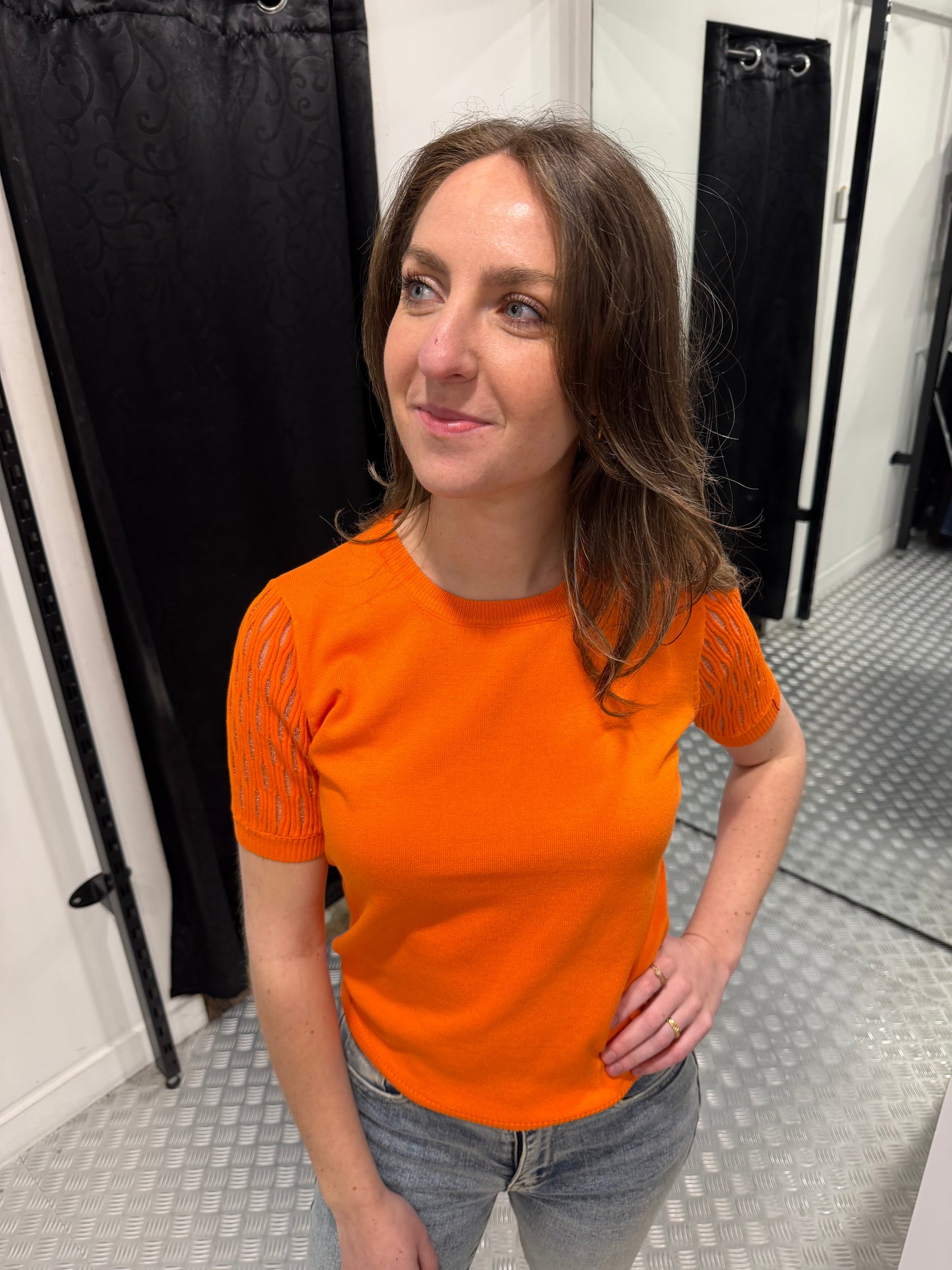 Oranje top met striped mouw