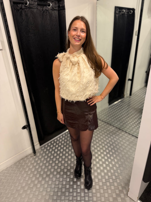 Beige fluffy bow tie top