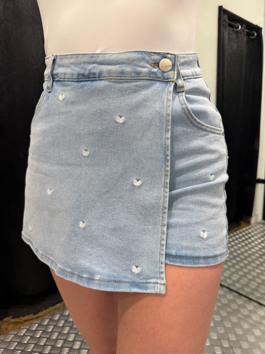 Denim skort white hearts redial
