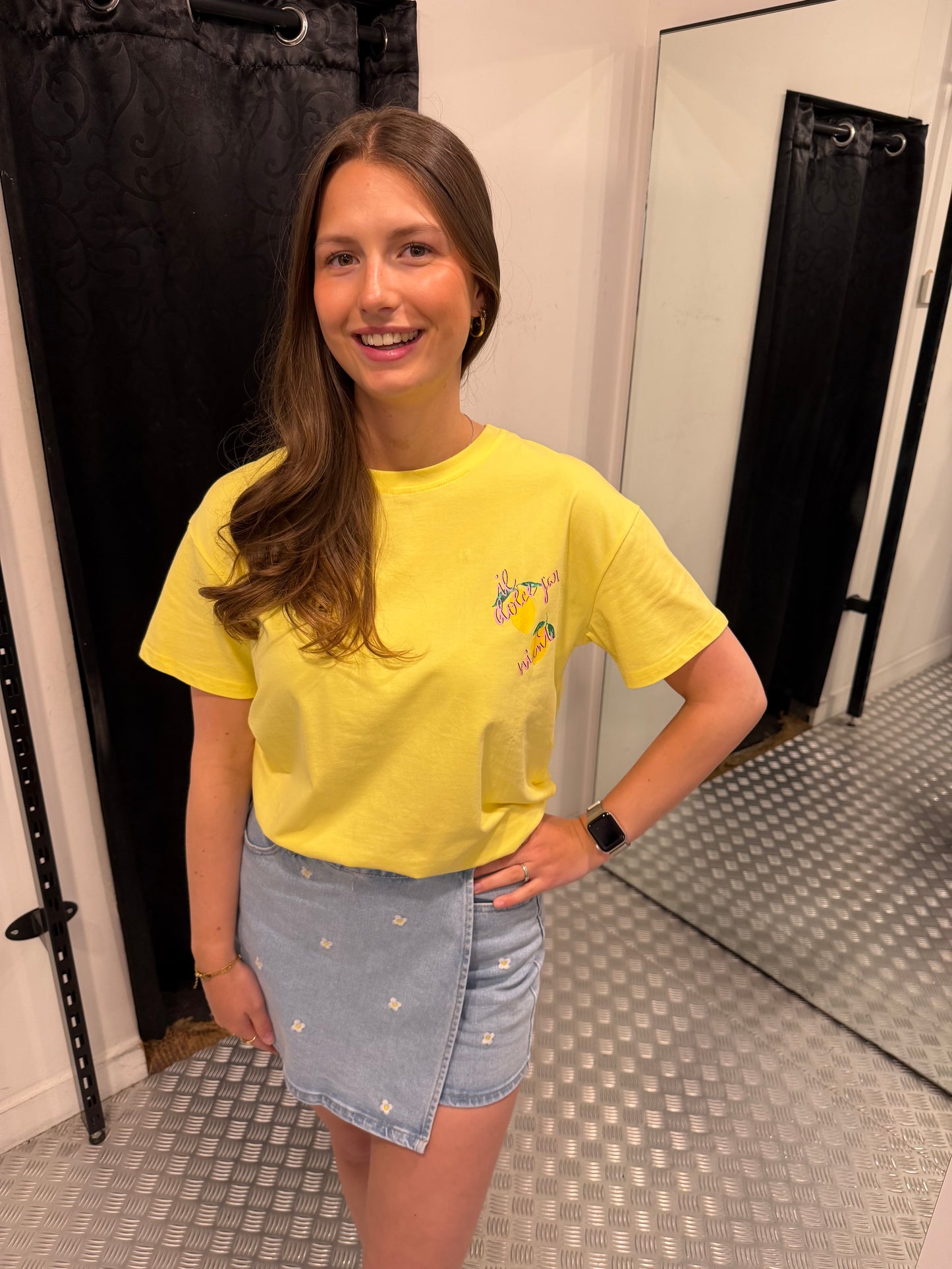 Denim skort sunflowers