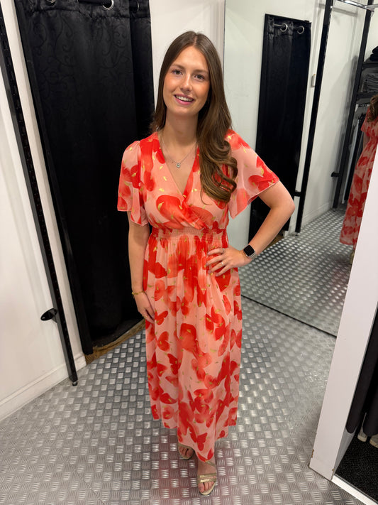 Pink feather summer maxi dress