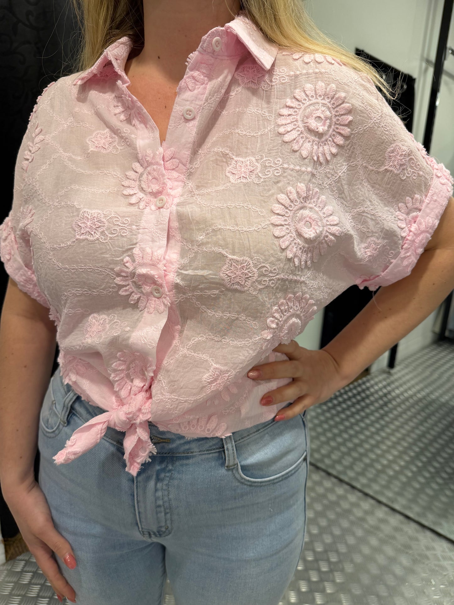 Pink flower cotton blouse