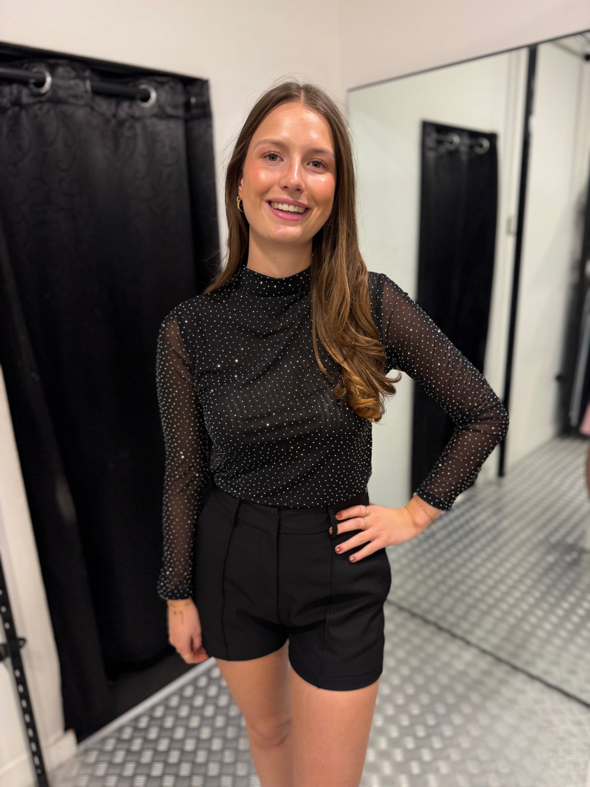 Zwarte strass mesh top