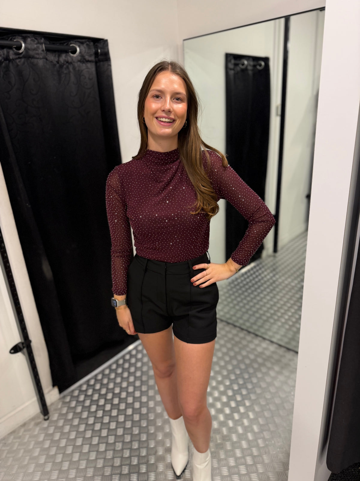 Plum strass mesh top