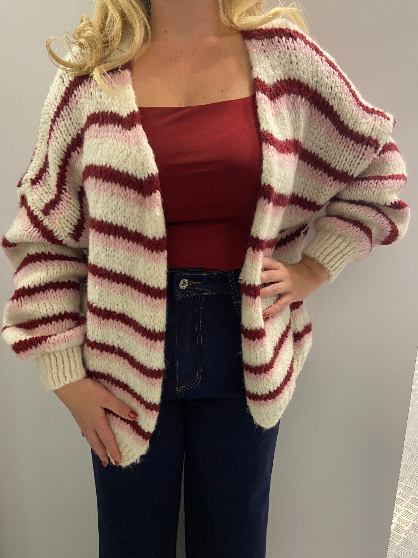 Bordeaux striped knit cardigan