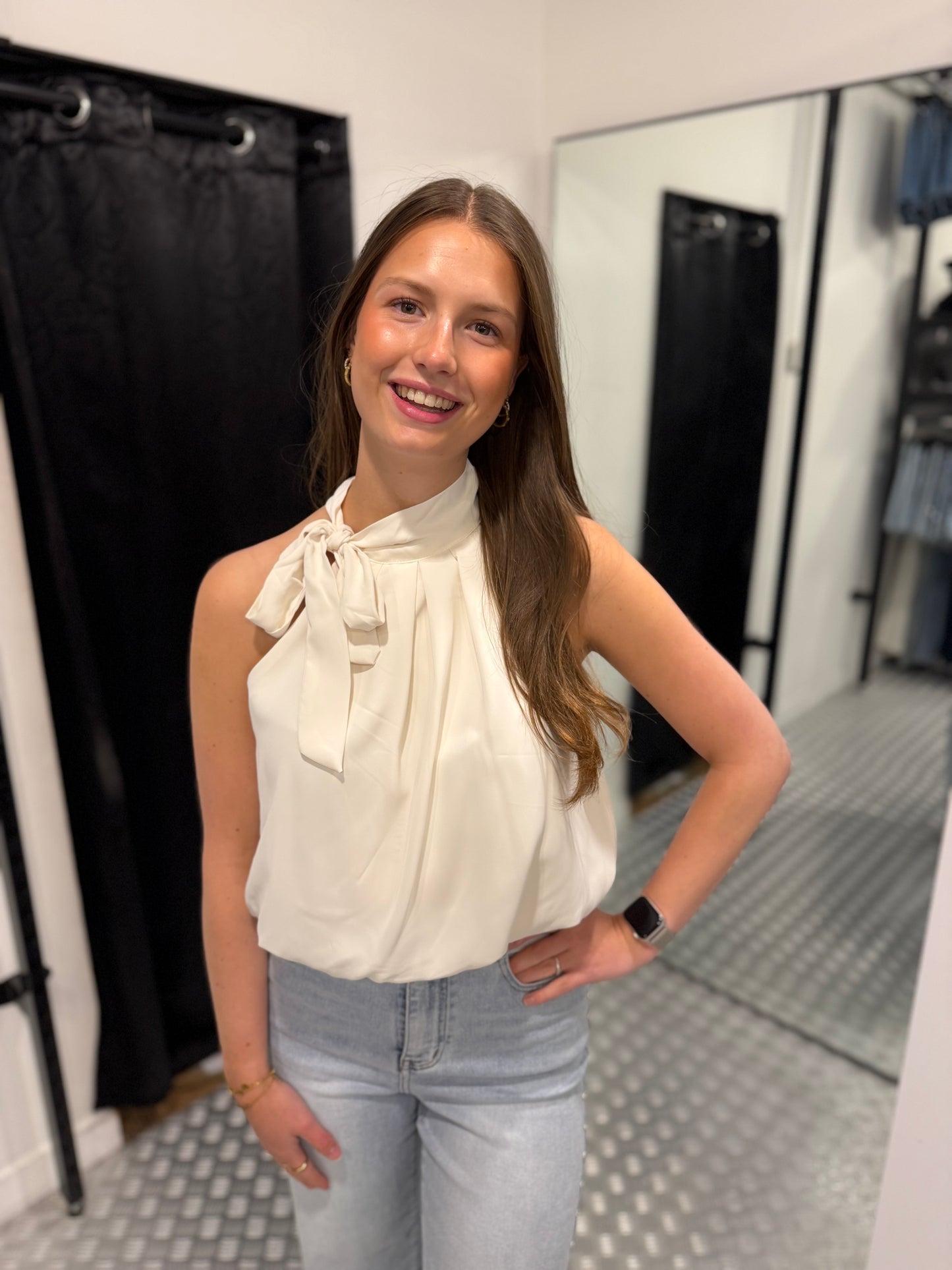 Creme bow tie top
