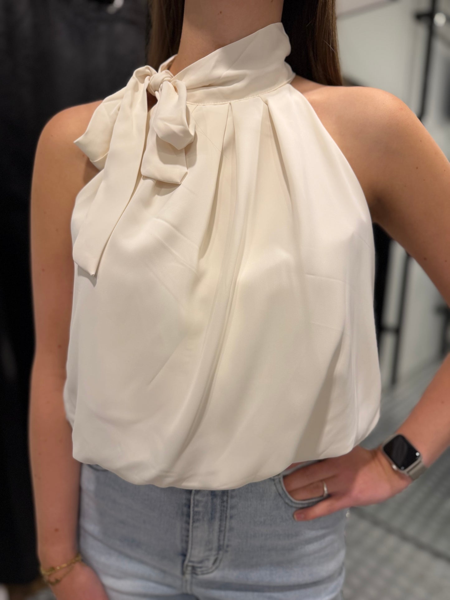 Creme bow tie top