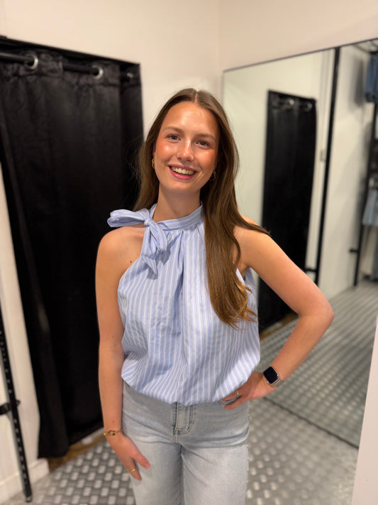 Striped blue bow tie top