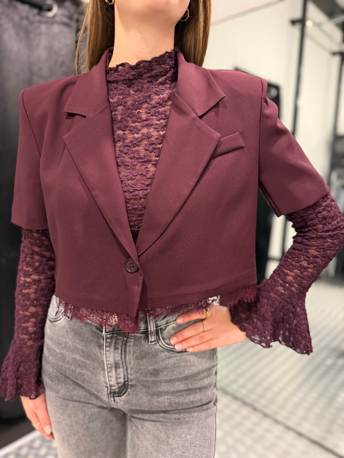Plum cropped lace blazer