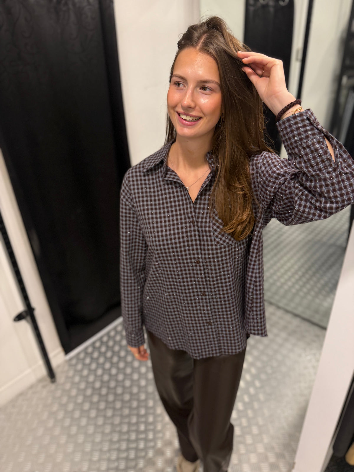 Blue/brown strass squared blouse
