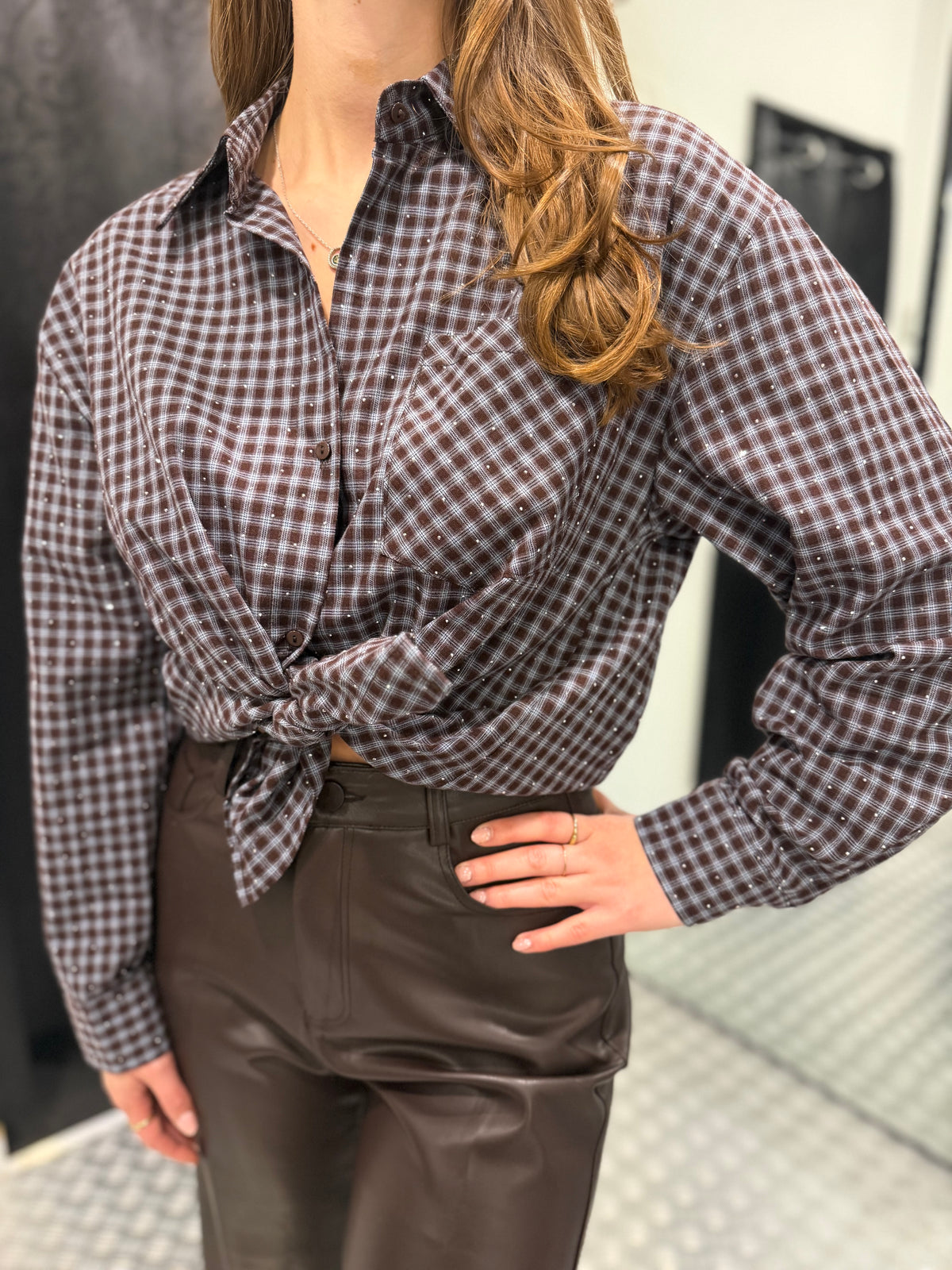 Blue/brown strass squared blouse