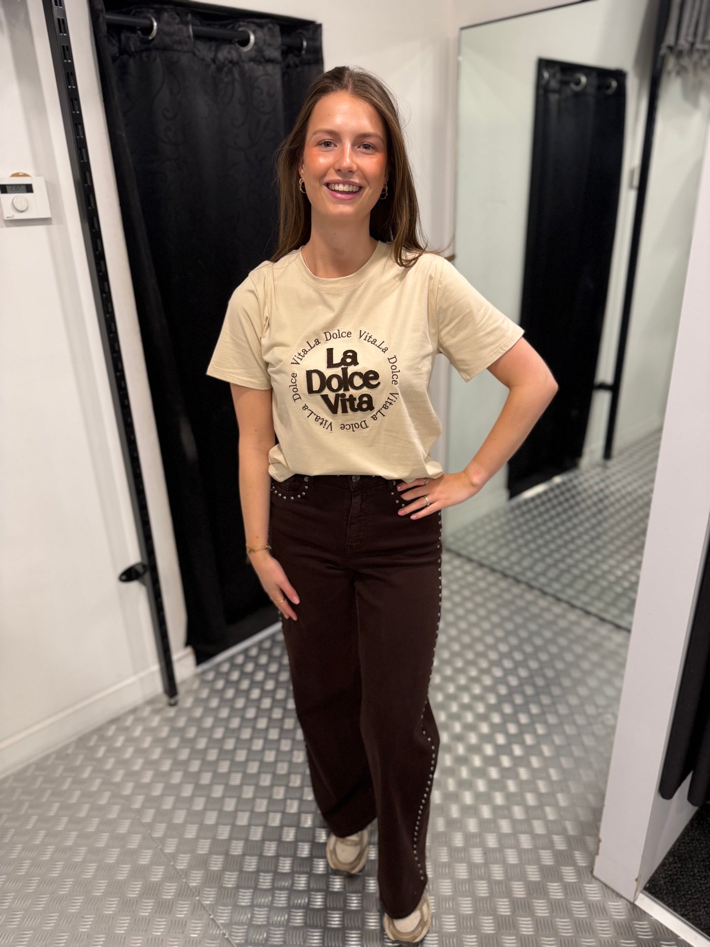 Brown wide leg studs jeans