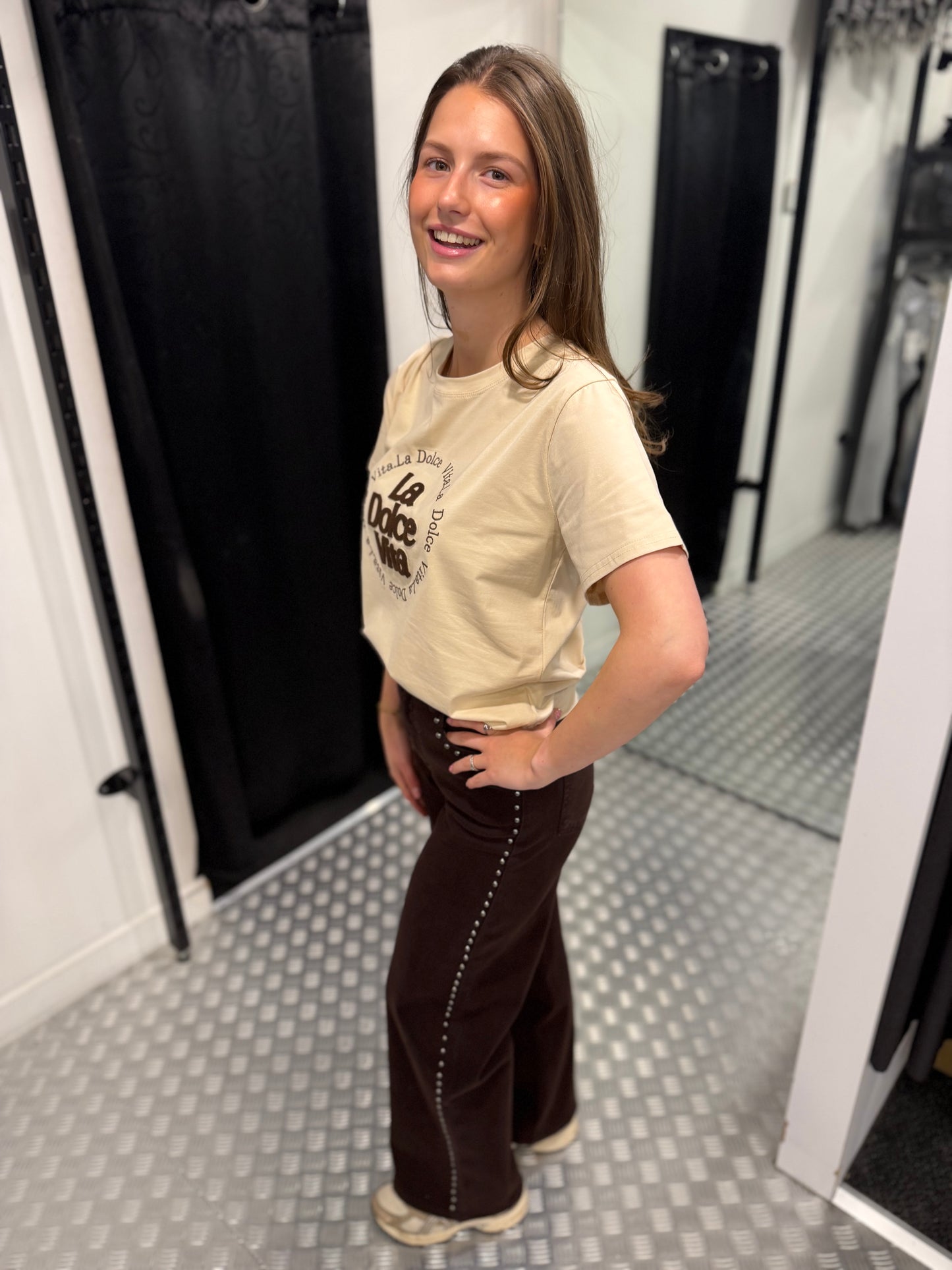 Brown wide leg studs jeans